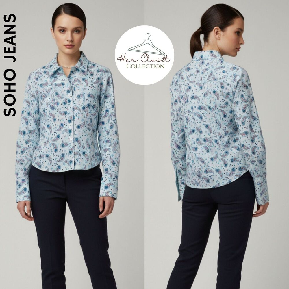SOHO Jeans Womens Sky Blue Swirly Paisley Button-Up Shirt Jr. Sz Large NWT